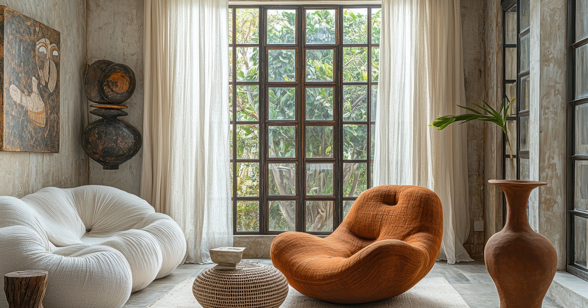 A living room with an oddly-shaped chair and couch, and a window in the back showing a lot of greenery. 