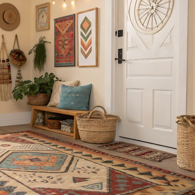 An entryway that uses a lot of oranges and yellows. There is a decorative rug and many other decor items around the door.
