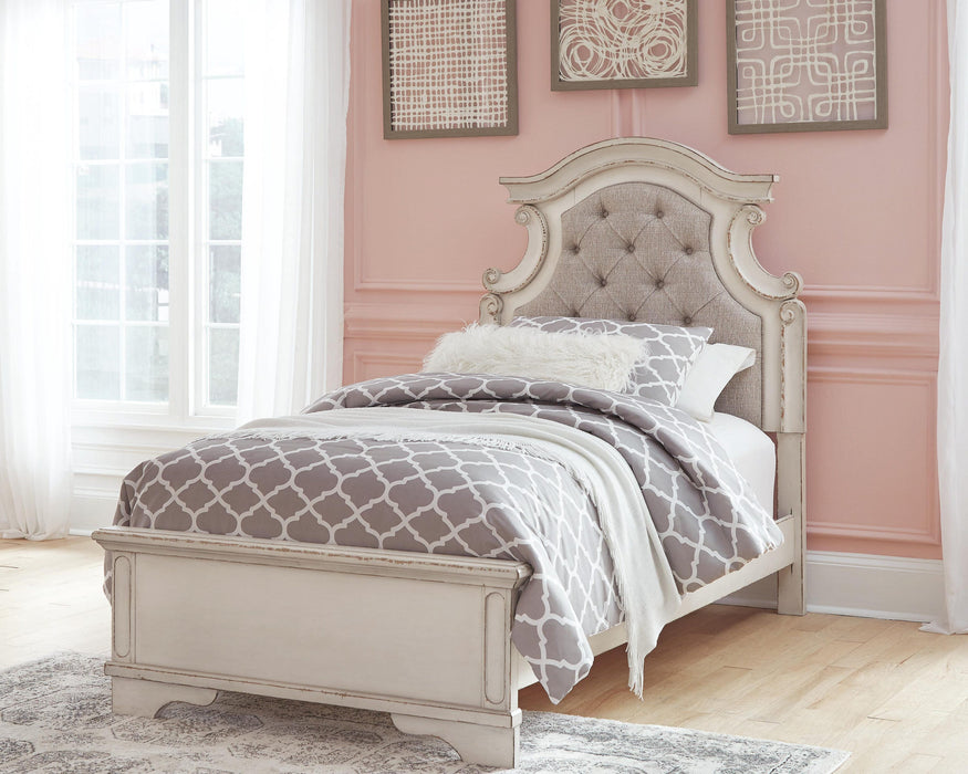 Realyn Twin Upholstered Panel Bed and Nightstand