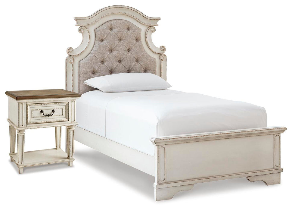 Realyn Twin Upholstered Panel Bed and Nightstand