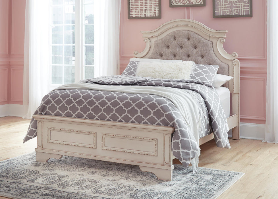 Realyn Full Upholstered Panel Bed and Nightstand