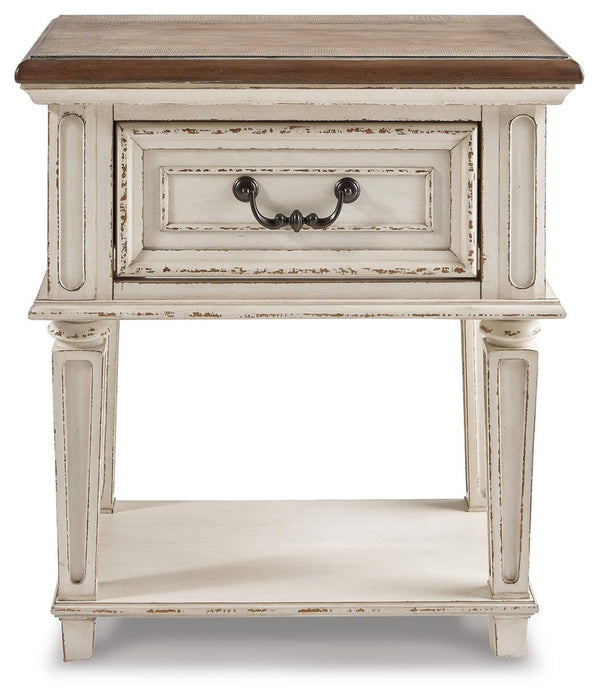 Realyn Full Upholstered Panel Bed and Nightstand