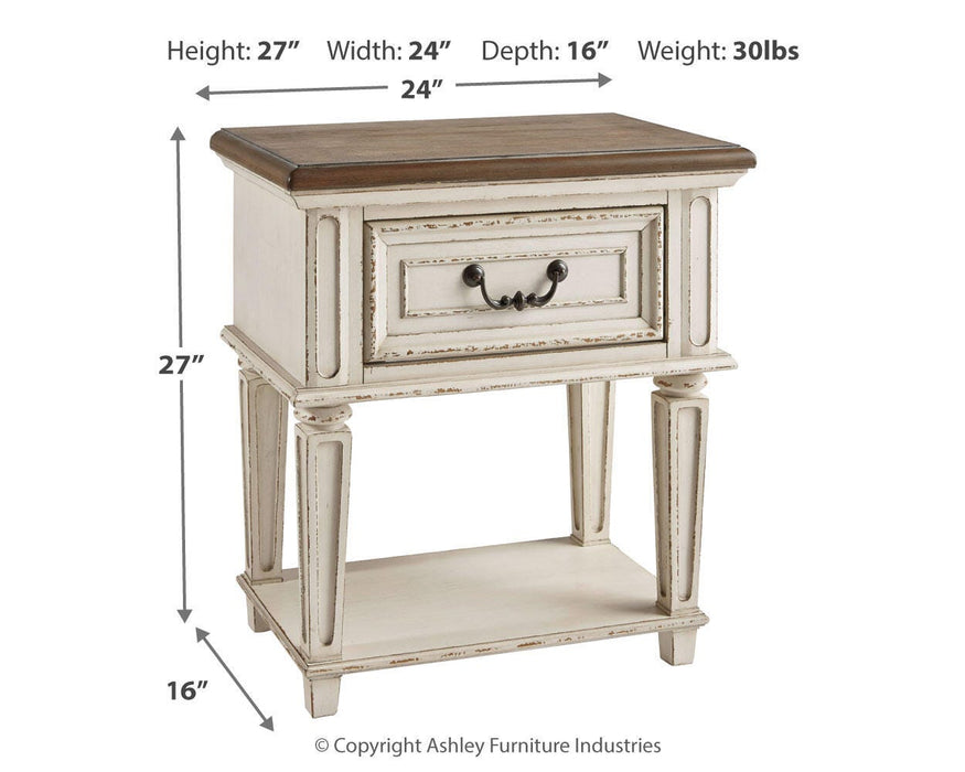 Realyn Full Upholstered Panel Bed and Nightstand